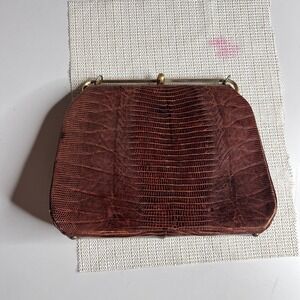 Vintage Bellestone Brown Lizard Skin Handbag Brass Frame Kiss Lock Clutch 248